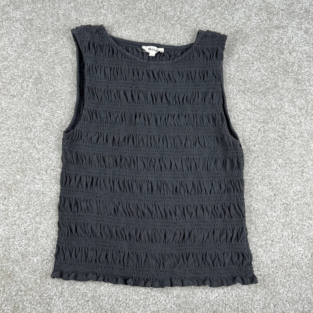 Madewell Smocked Sleeveless Top Small Gray Cotton Linen Blend Ruffle Hem Boho
